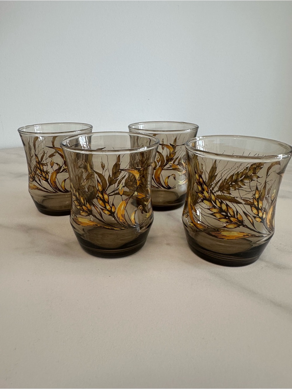 Set of 4 Vintage 1970’s Libbey Amber Wheat Patterned Smoky Glass Juice Glasses